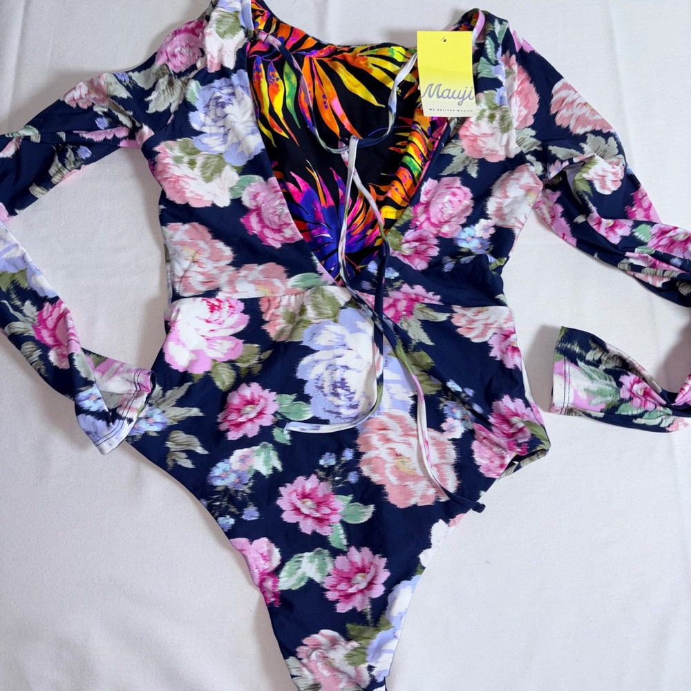 Maaji Long Sleeve One Piece Swimsuit XL Navy Floral NEW Open Back Surf Suit - Picture 5 of 13